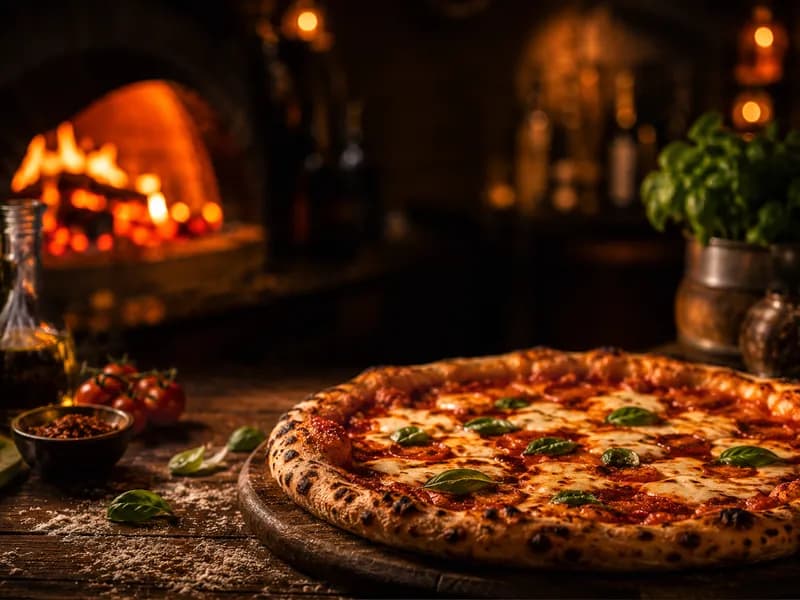 Pizza artesanal com queijo, tomate e manjericão, pronta para servir